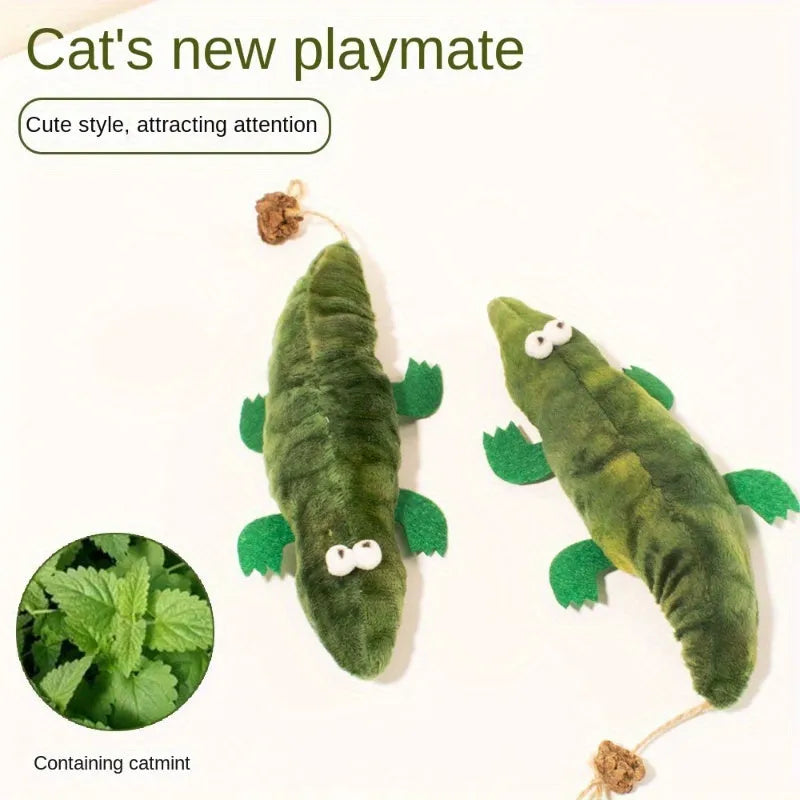 Green alligator plush cat toy with textured surface for dental cleaning filled with catnip and peppermint