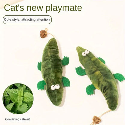 Green alligator plush cat toy with textured surface for dental cleaning filled with catnip and peppermint
