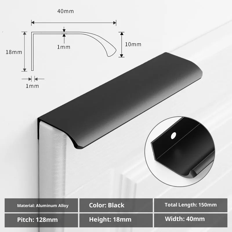 No-drill hidden cabinet handle in aluminium alloy, black or gold, long pull for wardrobe or kitchen door