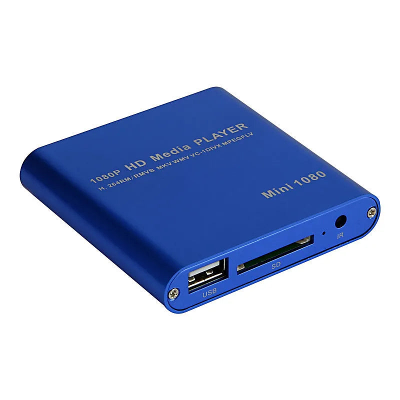 Black or blue 1080P Full HD media player with HDMI port, SD card slot, and USB inputs.