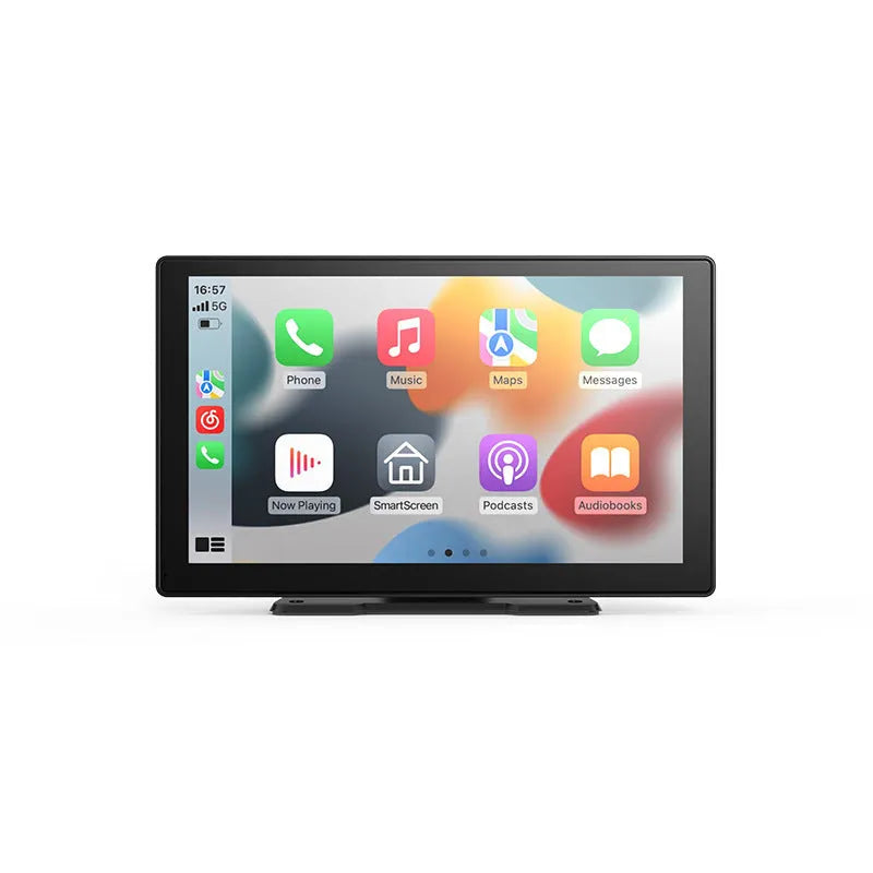 9-inch CarPlay driving recorder with touchscreen display showing dual-lens camera footage