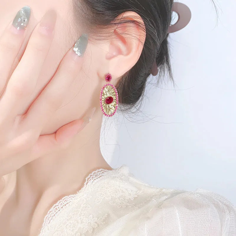Gold-plated red corundum simulation jewellery set with necklace, ring and ear studs