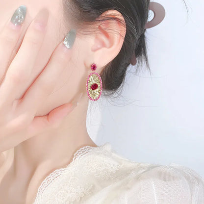 Gold-plated red corundum simulation jewellery set with necklace, ring and ear studs