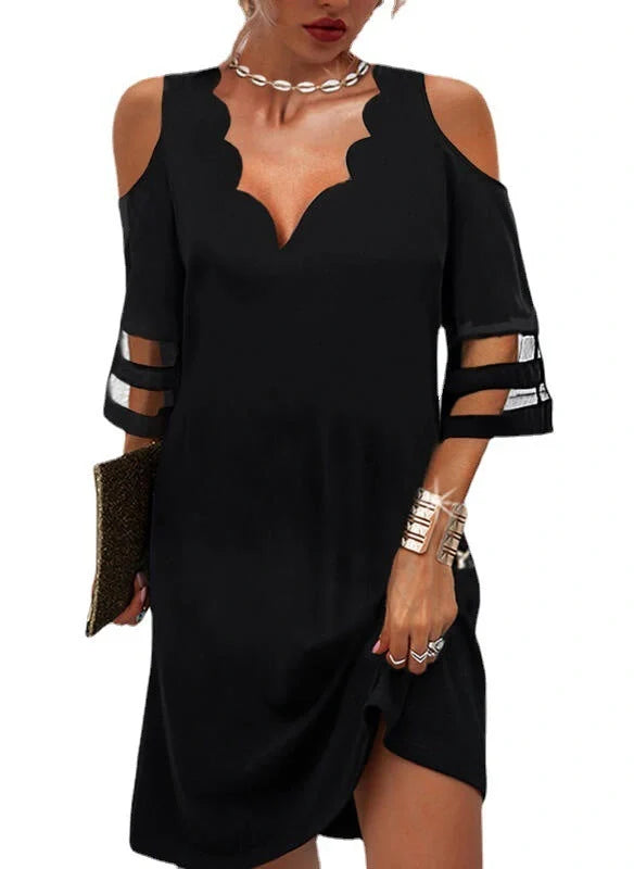 Women's summer V-neck chiffon dress with mesh stitching in white and black