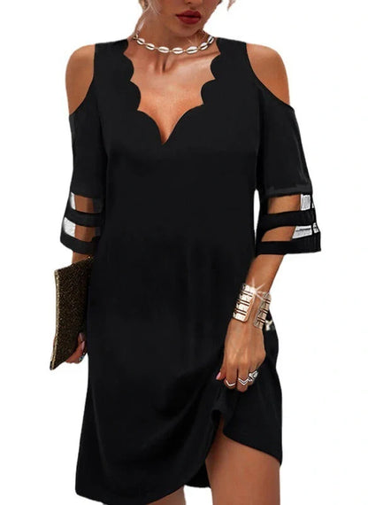 Women's summer V-neck chiffon dress with mesh stitching in white and black