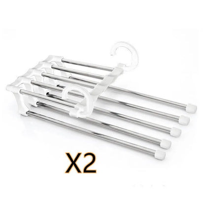 Five-boom stainless steel wardrobe hanger for trousers showing both level and vertical hanging methods