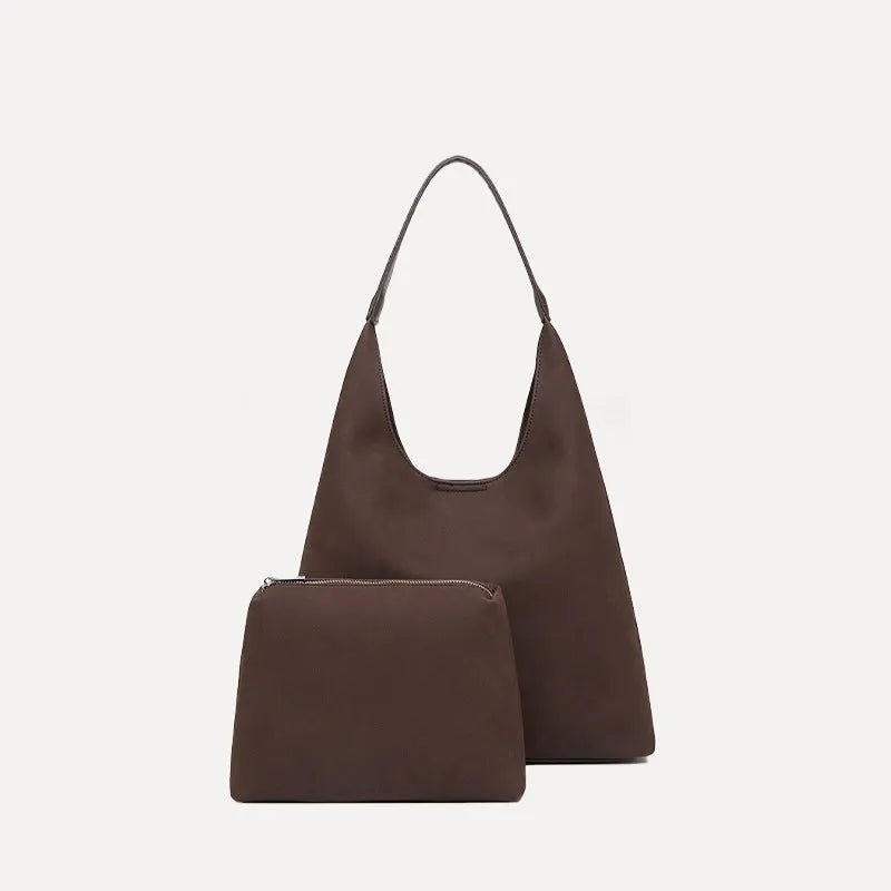 Women's PU tote bag 37x11x60 cm with small pouch, shown in Maillard brown and black colour options