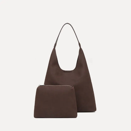 Women's PU tote bag 37x11x60 cm with small pouch, shown in Maillard brown and black colour options