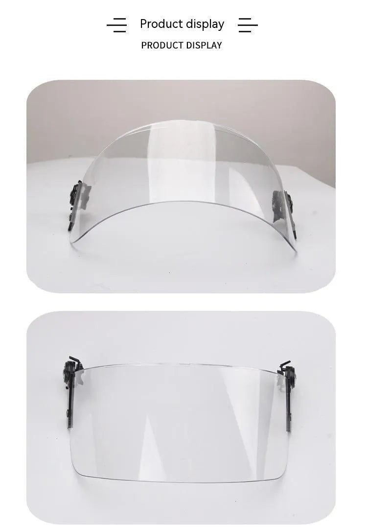 Transparent polycarbonate face shield helmet attachment with guide rail mount measuring 30cm by 15cm