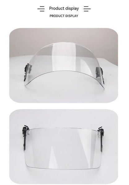 Transparent polycarbonate face shield helmet attachment with guide rail mount measuring 30cm by 15cm
