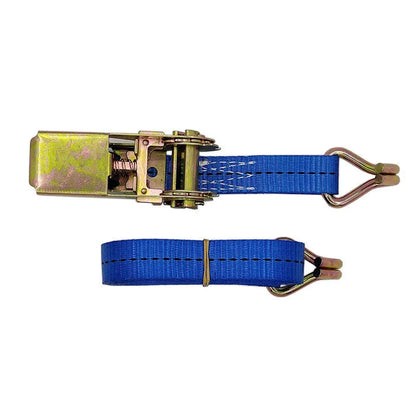 Heavy duty steel ratchet tensioner strap with double hooks and polyester webbing for cargo securing.