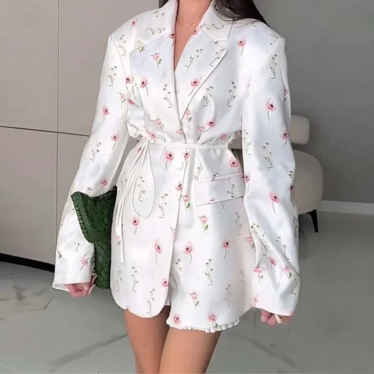 Collar lace-up waist-tight suit jacket in floral print with adjustable waist design and long sleeves
