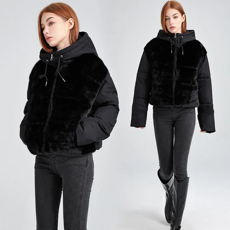High-waisted feather down plush short jacket with 3D pattern in loose fit