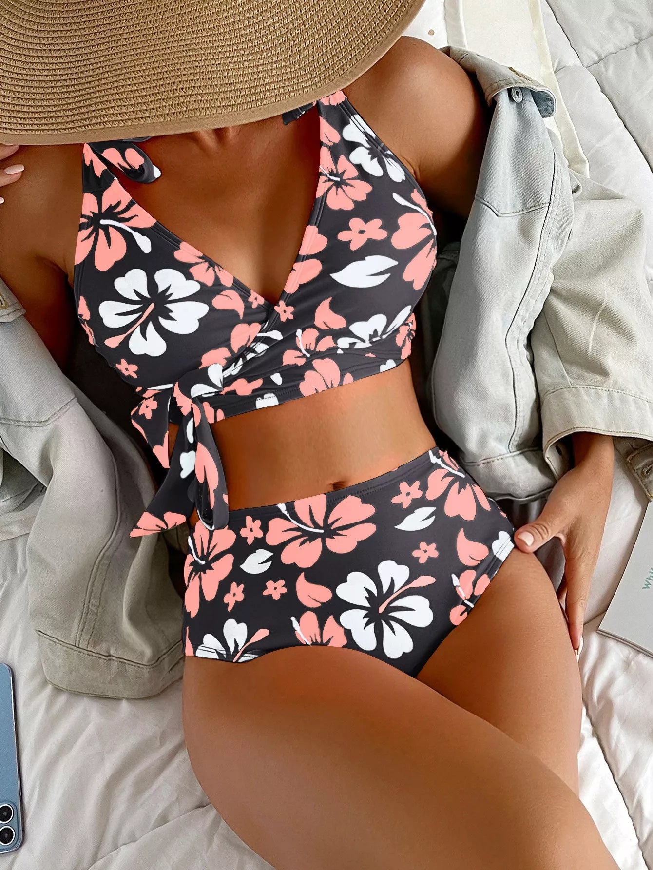 Floral print lace-up high waisted bikini swimsuit for women in various colors