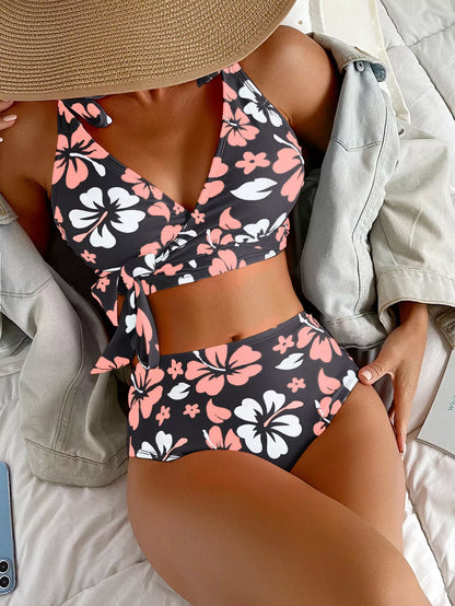 Floral print lace-up high waisted bikini swimsuit for women in various colors
