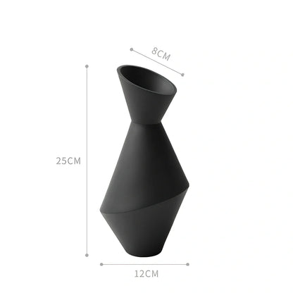 Nordic oblique mouth ceramic vase in black, 20cm height, geometric design for flower stems