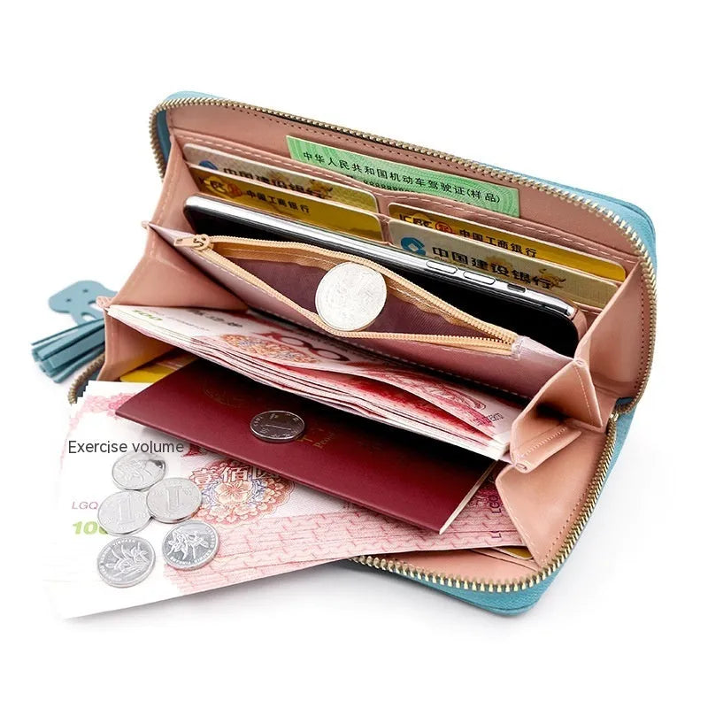 Square vertical PU leather coin purse card holder with contrast colour trim, medium length, in pink, red, blue or black.