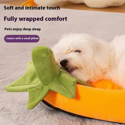 Dog mat with removable cloth cover in brown, gray, orange, or purple, showing size options for small to large dogs.