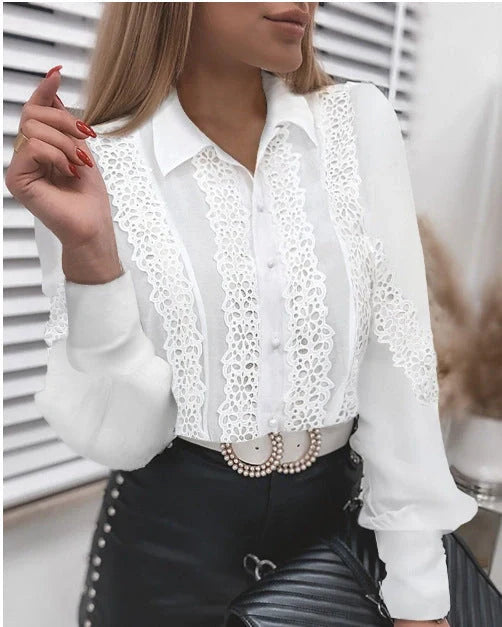 Women's white long sleeve V-neck lace button shirt with floral panel