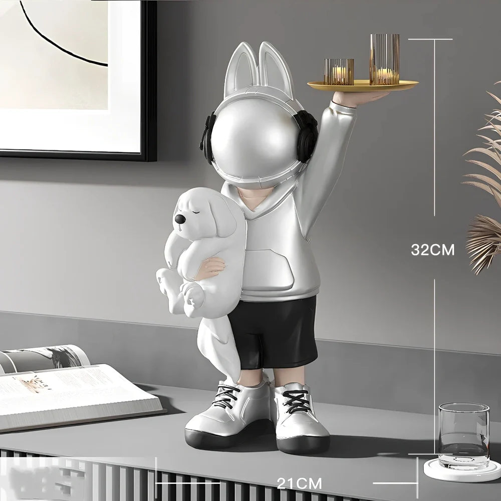 Glass steel astronaut rabbit sculpture with carving details in modern cartoon style