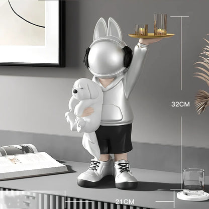 Glass steel astronaut rabbit sculpture with carving details in modern cartoon style