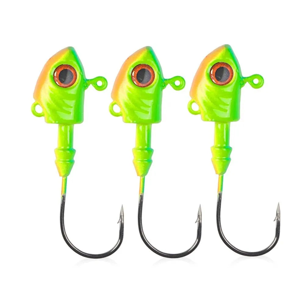 Pack of three Yayu shaped lead head fishing lures in Blue, Sliver or Yellow colour.