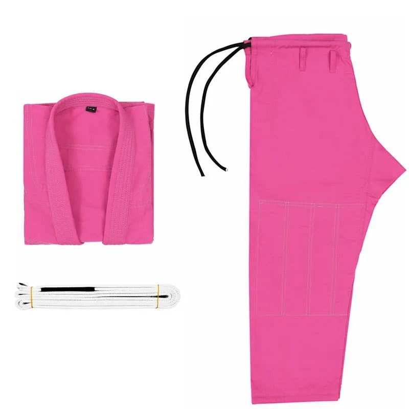 Brazilian Jiu-jitsu training clothing set in cotton blend fabric showing black, grey, Rose Red, blue, and white colour options