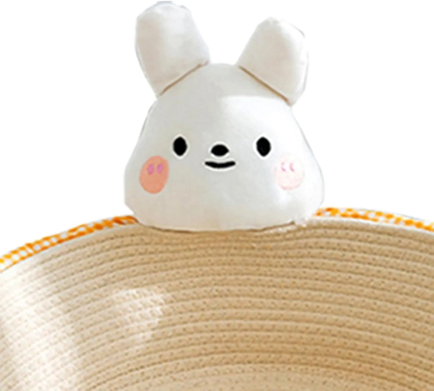 Woven cotton rope basket serving as a pet bed and integrated scratch board for cats, shown in a beige colour.