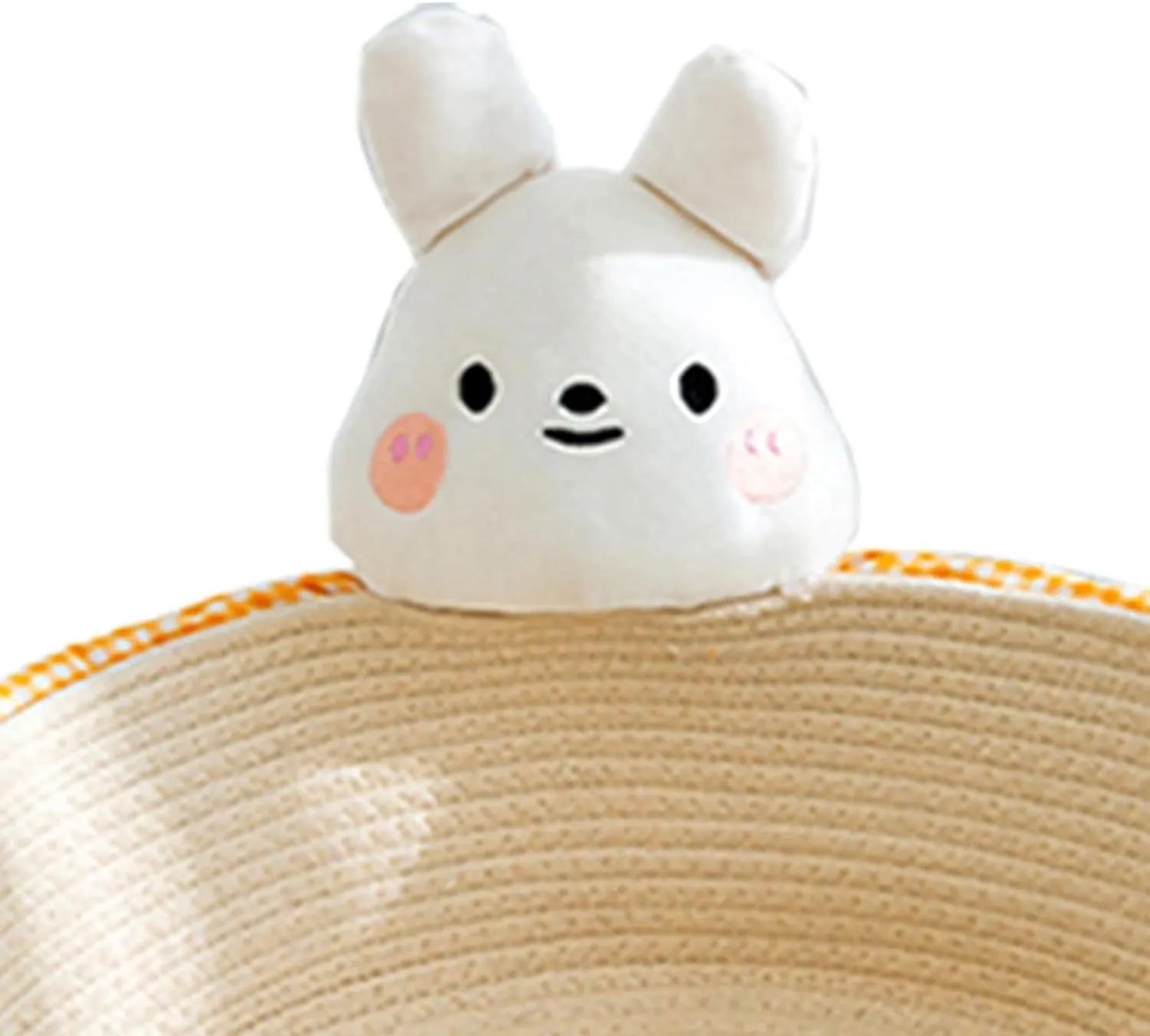 Woven cotton rope basket serving as a pet bed and integrated scratch board for cats, shown in a beige colour.