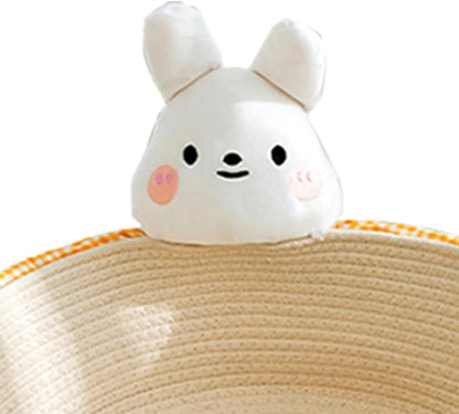 Woven cotton rope basket serving as a pet bed and integrated scratch board for cats, shown in a beige colour.