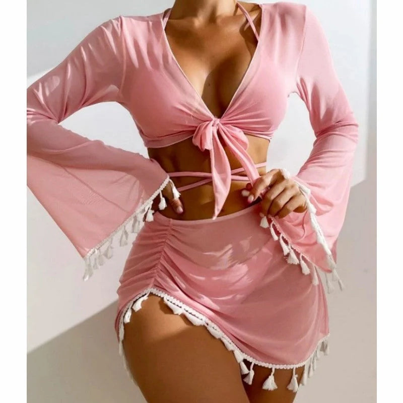 4-piece solid color bikini set with skirt and long sleeve cover-up