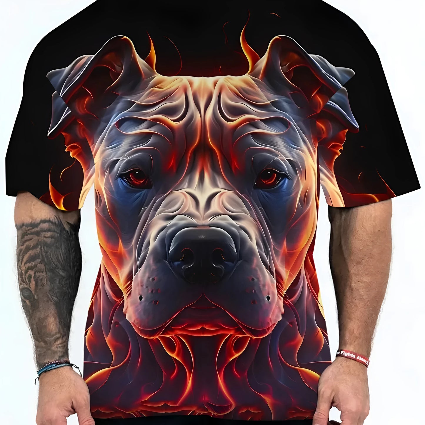 Short sleeve T-shirt with 3D digital printed camouflage animal pattern showing dog head design