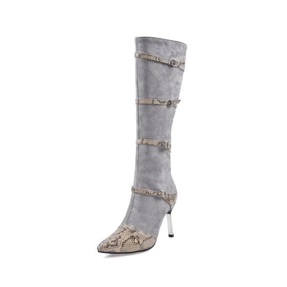Women's grey and black knee-high boots with 9cm thin high heels, velvet lining, and rubber soles