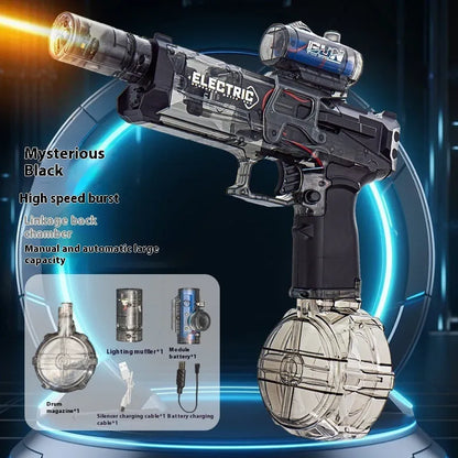 Black and blue electric water pistol toy with LED lights, shown with USB charging cable.