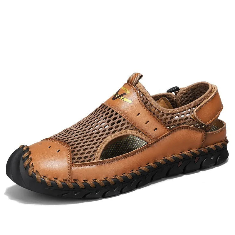 Men's brown leather casual shoe with mesh panels, elastic band, and flat rubber sole.