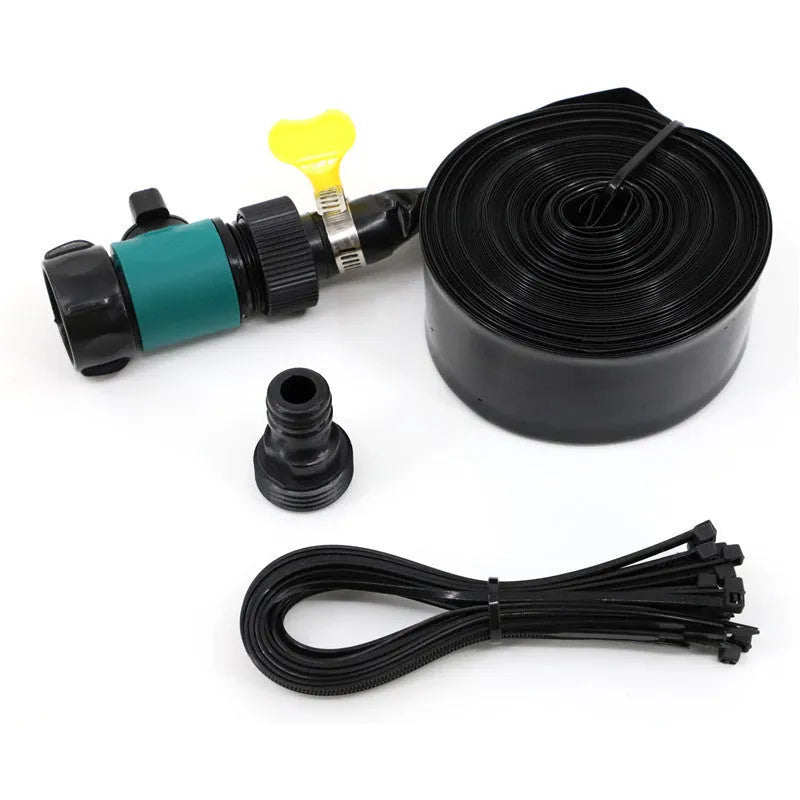 Portable plastic garden sprinkler with solar water cooling in blue and orange colours, showing 8m, 12m, 15m length options