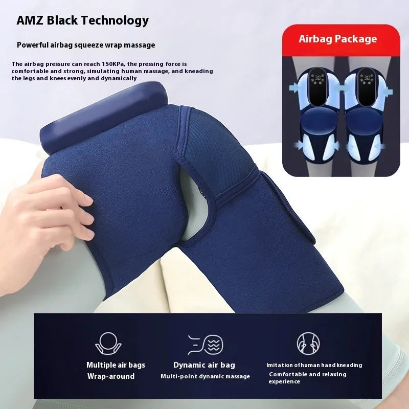 Blue self-heating knee massager with hot compress, vibration and air pressure functions for joint pain relief