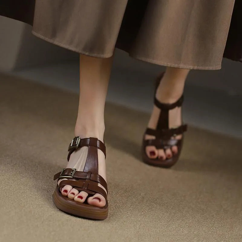 Women's T-buckle Open Toe Platform Sandals with Chunky Heels, Retro Style High Heel Sandals in Microfiber Upper and Rubber Sole, Available in Black or Brown Colour and Sizes 34 to 39