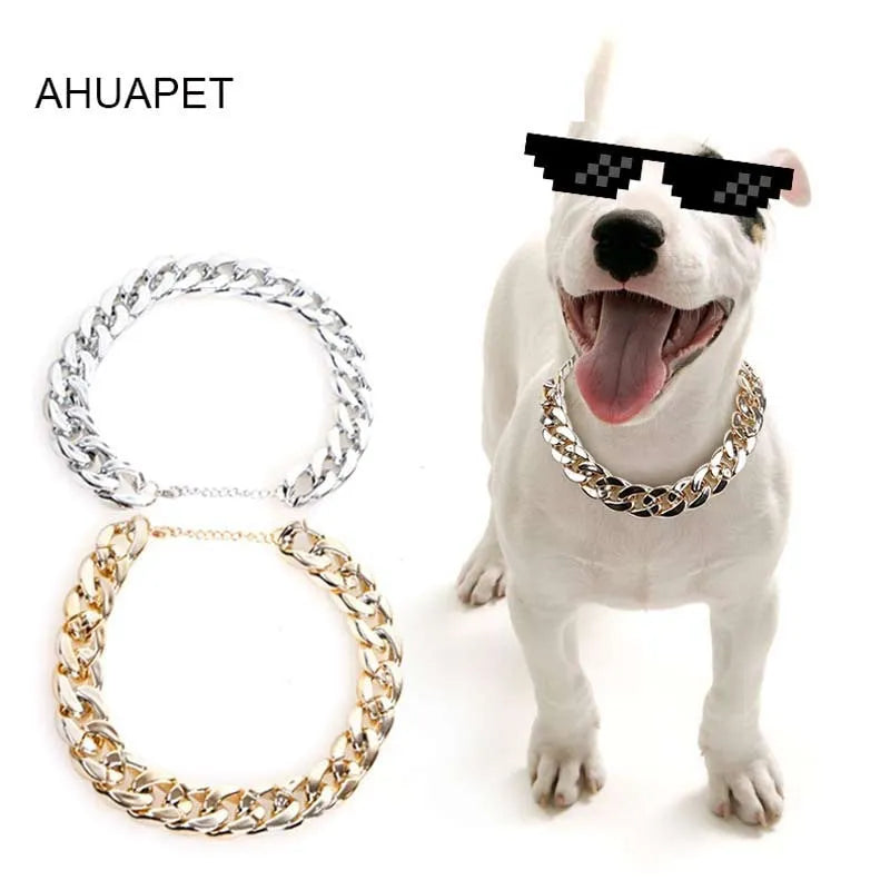 Small and medium dog collar in gold colour chain buckle design, 21cm to 50cm adjustable circumference, plastic resin twisted piece chain pet necklace ornament for gift occasions
