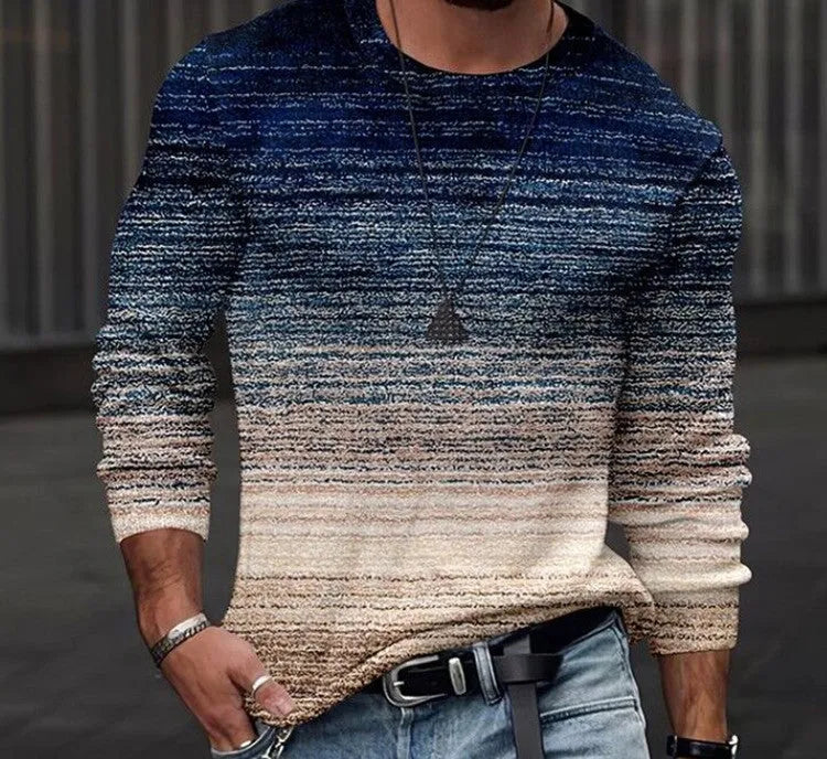 Printed collarless long sleeve slim casual top in white and blue, sizes M to 3XL, polyester fibre