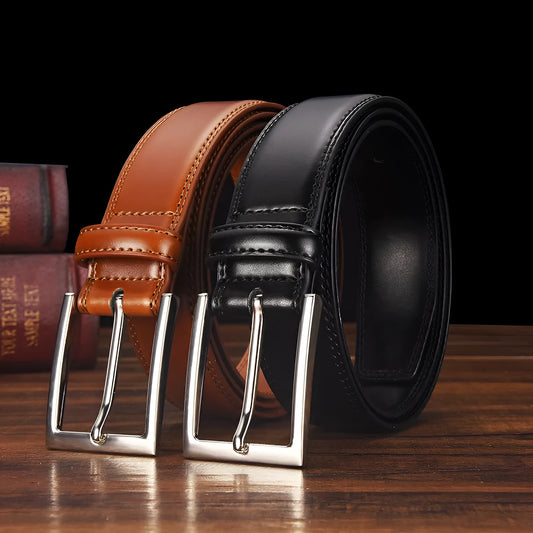 Men's black leather belt with a silver alloy pin buckle laid flat showing its length and width