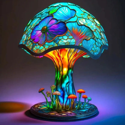 Coloured glass desk lamp with mushroom theme, 15-20cm height, plastic base
