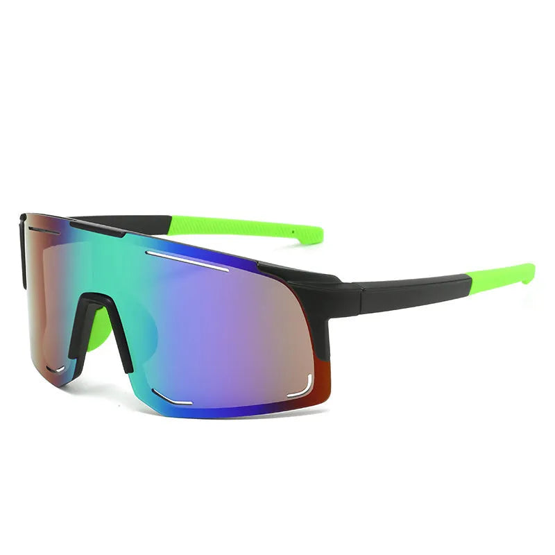 Square cycling sunglasses in black, blue, green, pink, or white frame with various lens films