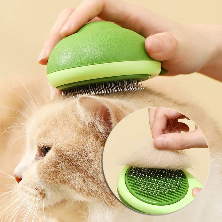 Premium pet grooming brush with avocado-shaped handle for massage and deshedding, promoting a lustrous, healthy coat for cats and dogs