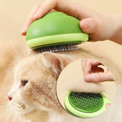 Premium pet grooming brush with avocado-shaped handle for massage and deshedding, promoting a lustrous, healthy coat for cats and dogs