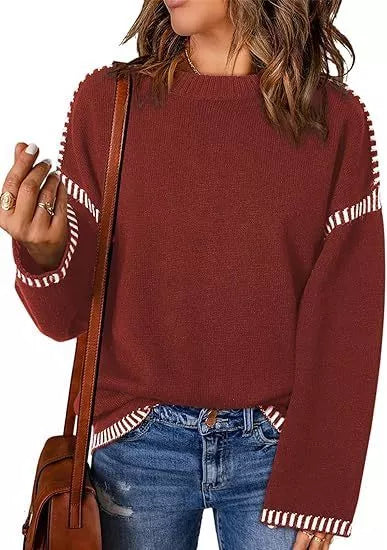 Women's acrylic round neck pullover sweater with flared sleeves in various colors