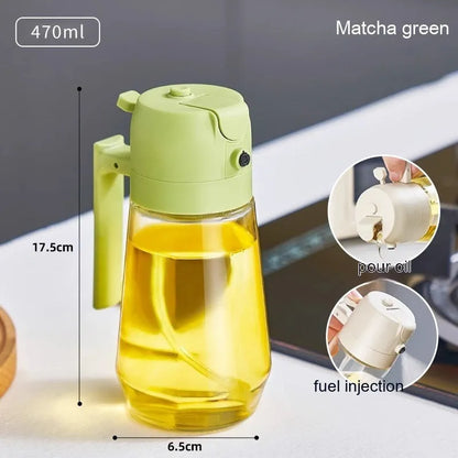470ml glass olive oil sprayer and pour bottle with ergonomic handle in beige, yellow, green, and black colour options.