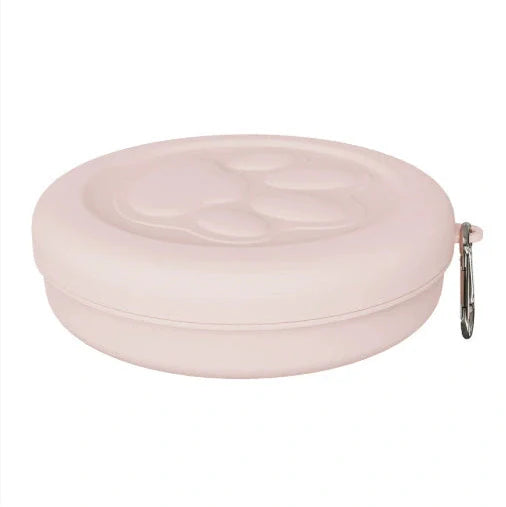 Collapsible dog food bowl showing expanded and folded positions with leak-proof silicone base