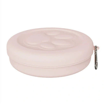 Collapsible dog food bowl showing expanded and folded positions with leak-proof silicone base