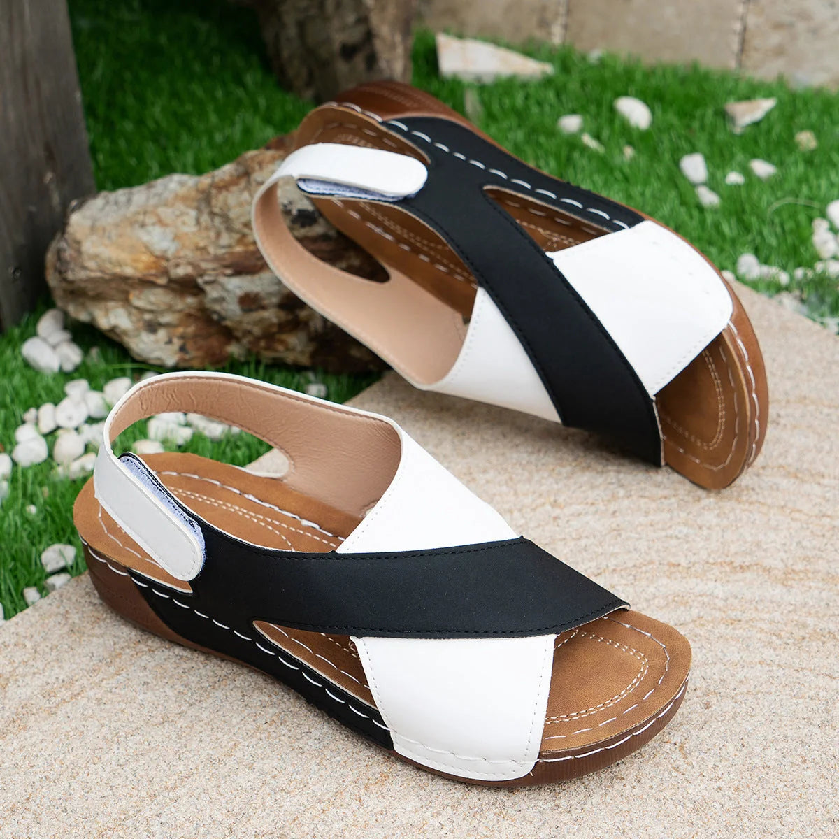 Women's summer wedges sandals with colorblock cross-strap design and thick rubber sole